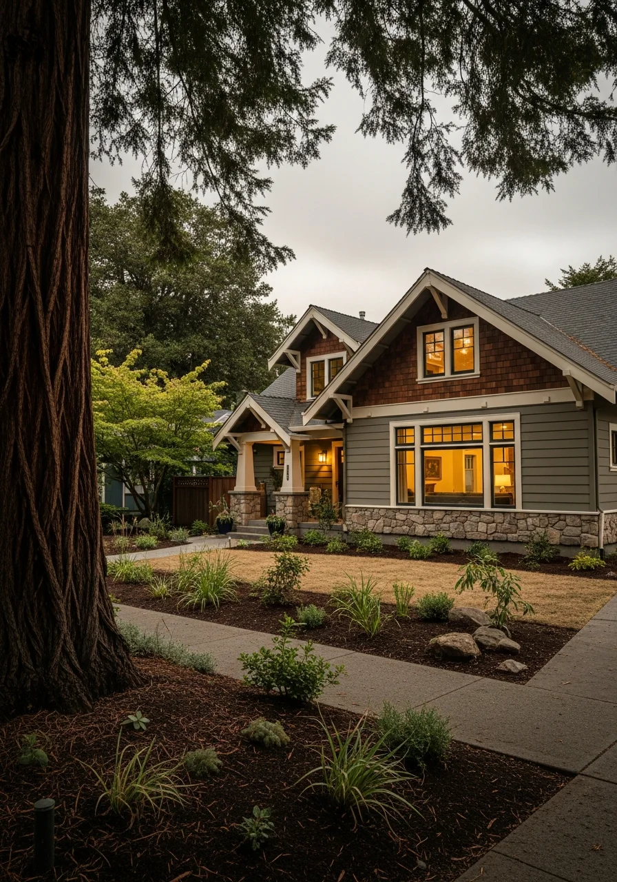 Close-up of a well-maintained Arcata residential home with mature landscaping.