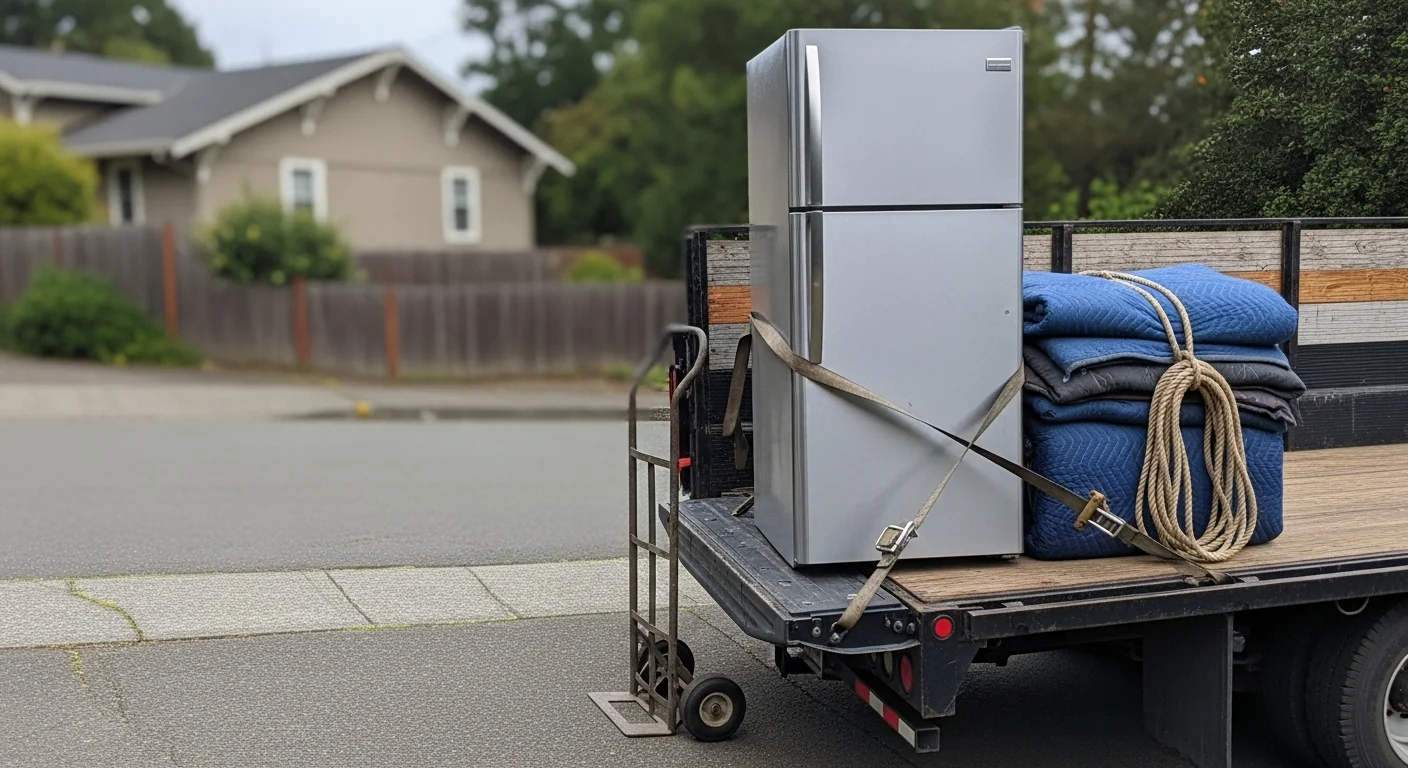 A True Tree Service crew member loading an old washing machine onto a hauling truck outside a Craftsman-style home in Arcata, CA. The driveway is clear and the appliance is secured for transport.