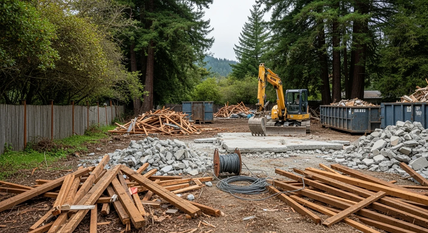 A wood-framed residential structure mid-demolition on a cleared lot in Arcata, CA, with debris sorted into piles for removal. An excavator is positioned beside the partially collapsed building under overcast North Coast skies.
