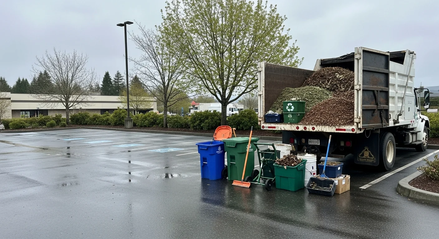 A commercial property in Arcata, California with sorted green waste and wood debris staged in piles for recycling pickup. A True Tree Service crew member loads organic material into a truck bed on a cleared commercial lot.