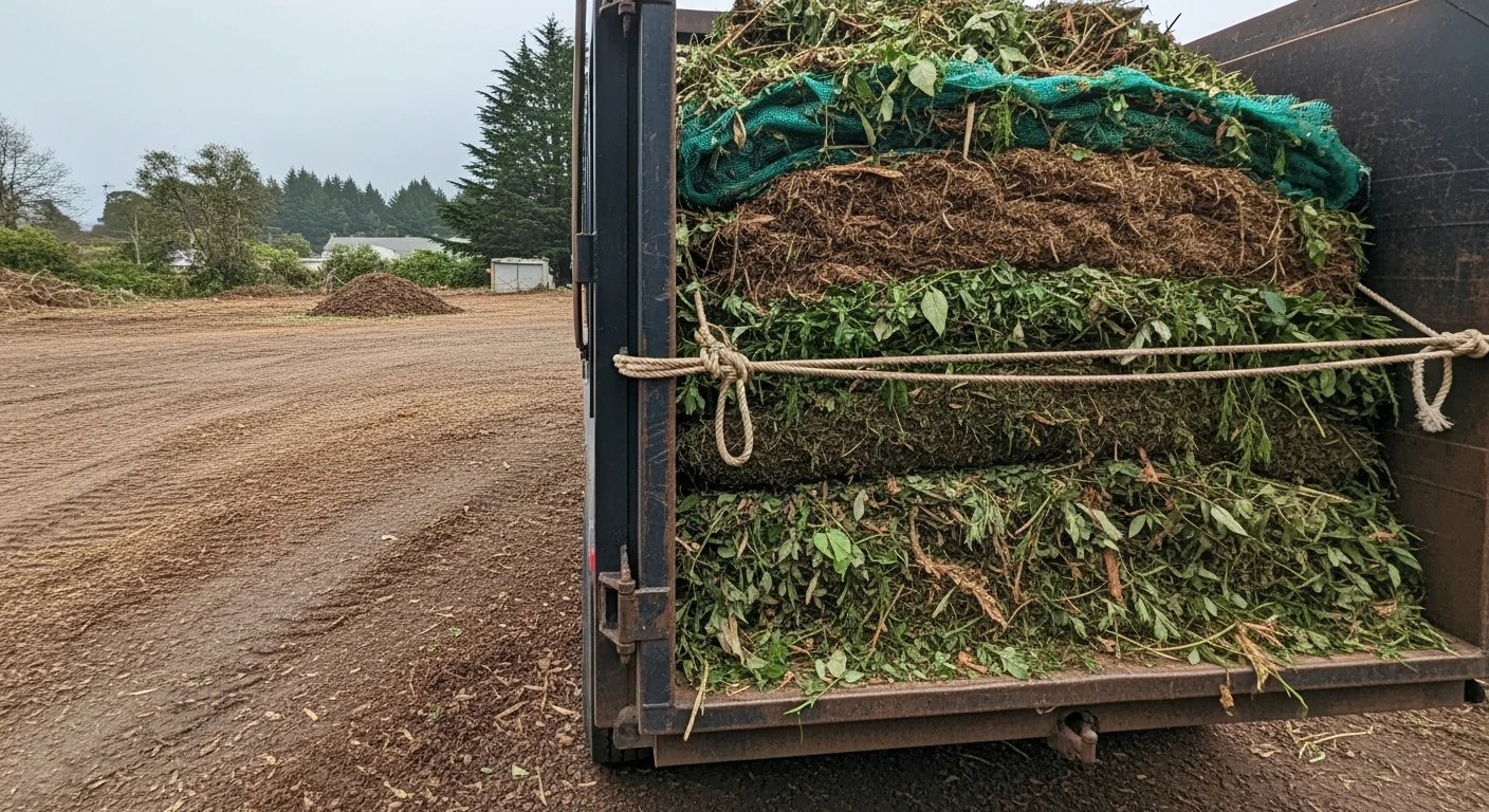A cleared commercial property in Arcata, CA with a pile of green waste and tree debris loaded for removal by a True Tree Service crew. A commercial site with clean, debris-free grounds visible in the background.