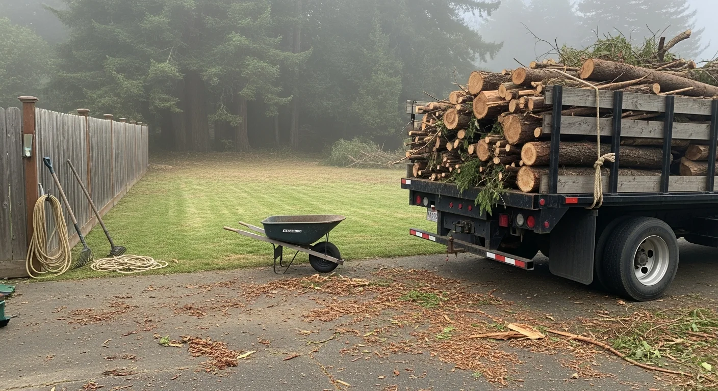A cleared residential yard in Arcata, California after debris removal, with a large pile of branches and brush loaded onto a hauling truck. The property shows a clean lawn and open driveway where yard waste previously accumulated.