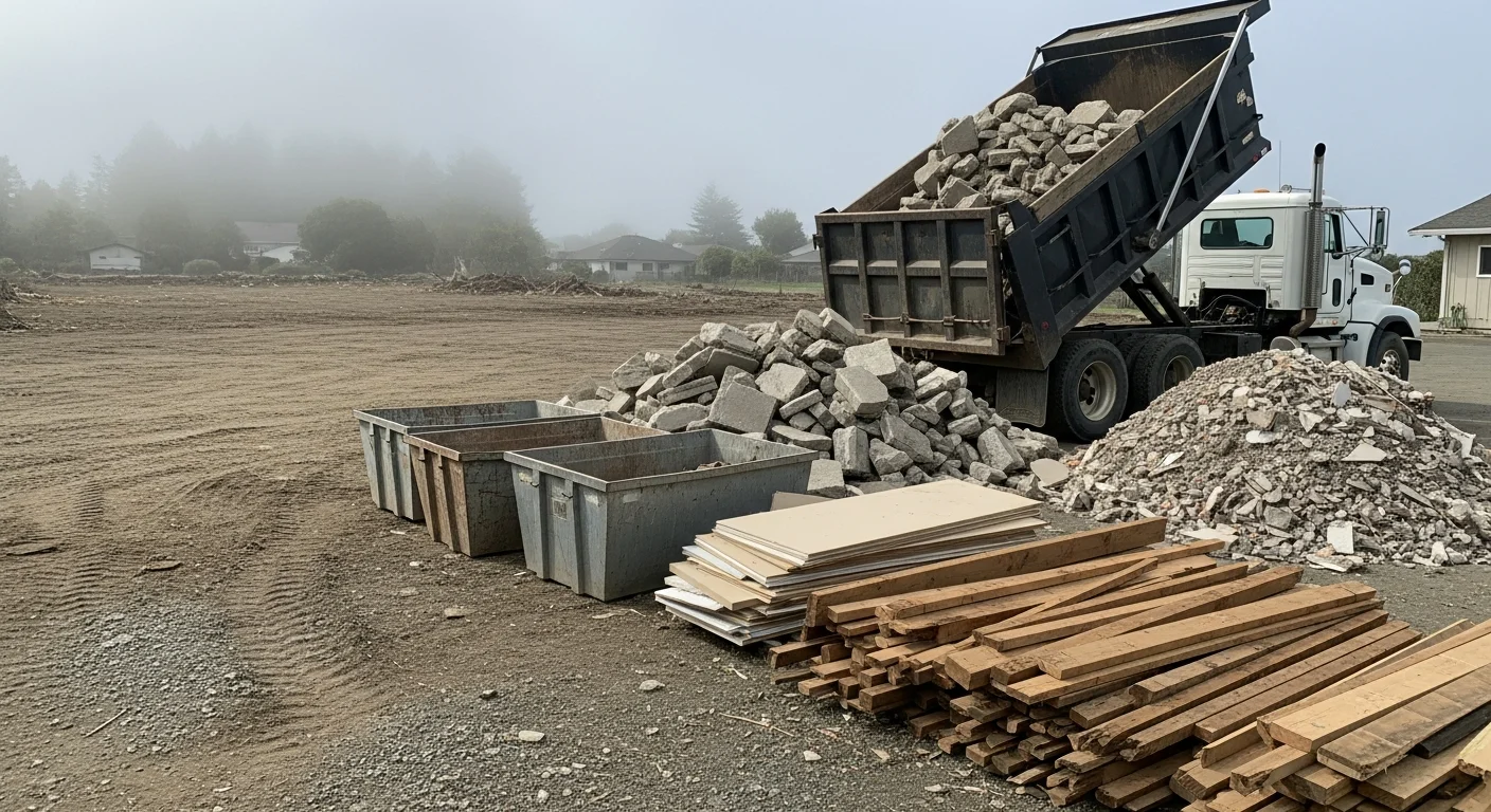 A cleared residential lot in Arcata, CA after demolition debris removal, with concrete rubble, lumber, and mixed construction waste loaded into a hauling truck. The surrounding site is clean and ready for the next phase of construction.