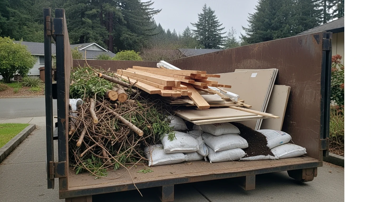 A roll-off dumpster filled with tree branches, lumber, and yard debris sitting in a residential driveway in Arcata, California. The container is positioned beside a home surrounded by mature trees typical of the Humboldt County landscape.