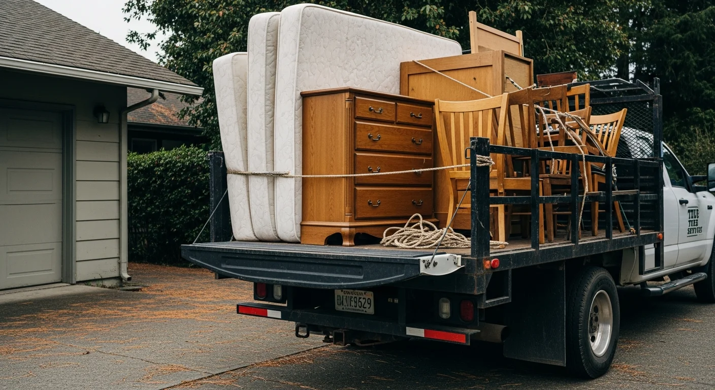 A True Tree Service crew loading a large sofa and dresser from the front of an older Arcata, CA residential home onto a hauling truck. The driveway is clear and the home's front entry is visible in the background.