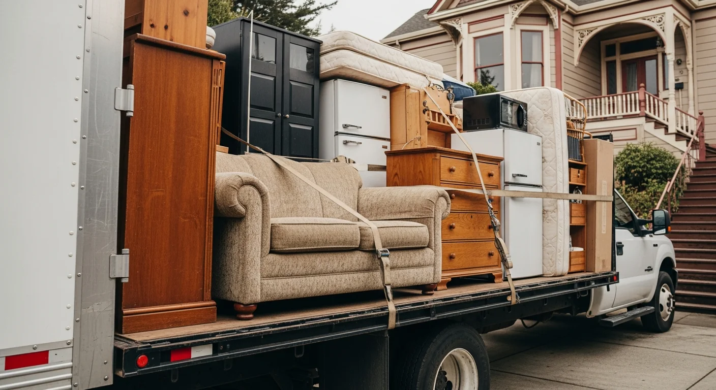 A cleared living room in an Arcata home after household item removal, with an empty floor where a sofa and dresser previously sat. A True Tree Service truck is visible through the front window, loaded with removed furniture.