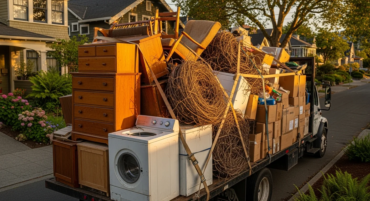 A cleared residential property in Arcata, CA after junk removal, with an empty garage and clean driveway. A True Tree Service truck is parked at the curb with a loaded haul bed.