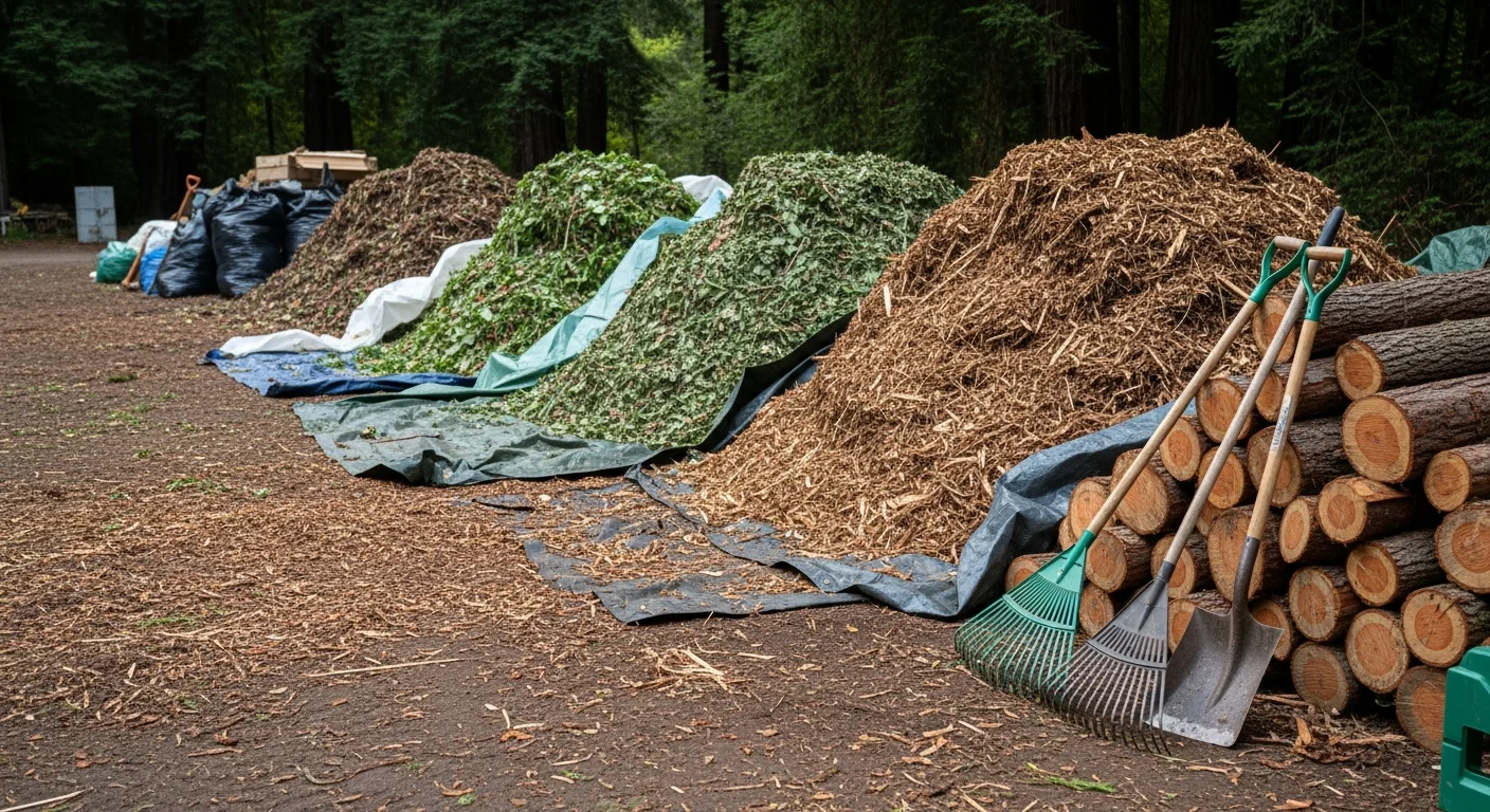 A True Tree Service crew member sorting cut branches and green waste into separate piles on a residential property in Arcata, California. Wood debris and leafy material are stacked in distinct groups on a cleared yard, ready for recycling and composting pickup.