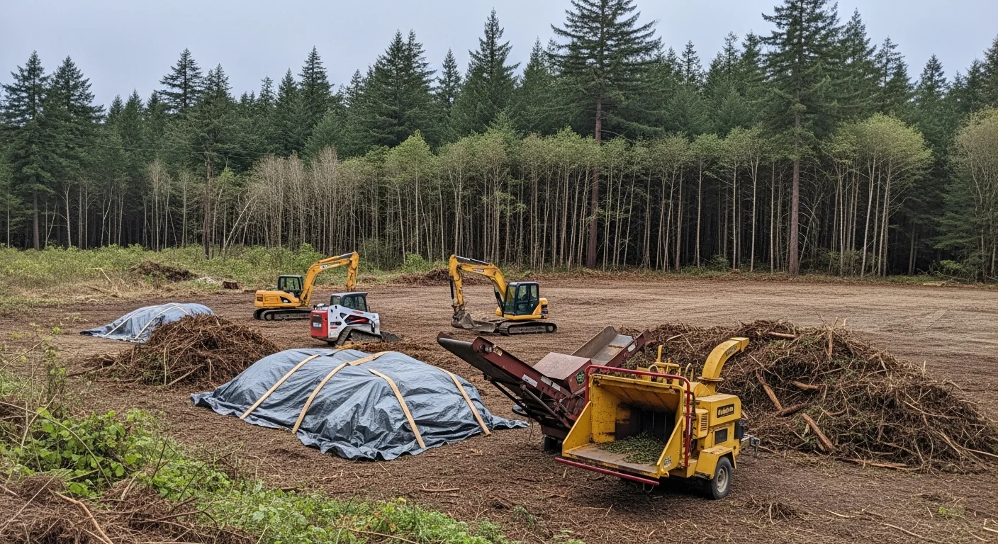 A cleared residential lot in Arcata, California with brush, stumps, and overgrown vegetation removed, showing open ground and defined property edges. Equipment and hauled debris piles visible at the site perimeter following a property clearing job by True Tree Service.