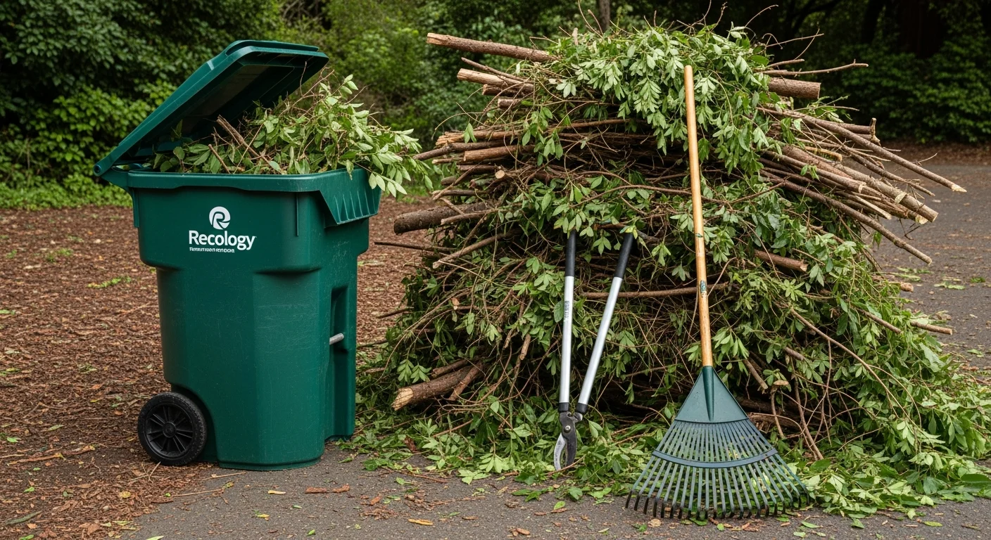 Sorted tree branches and yard trimmings bundled and placed next to a green Recology cart on a residential curbside in Arcata, California. A cleared yard with trimmed trees is visible in the background.