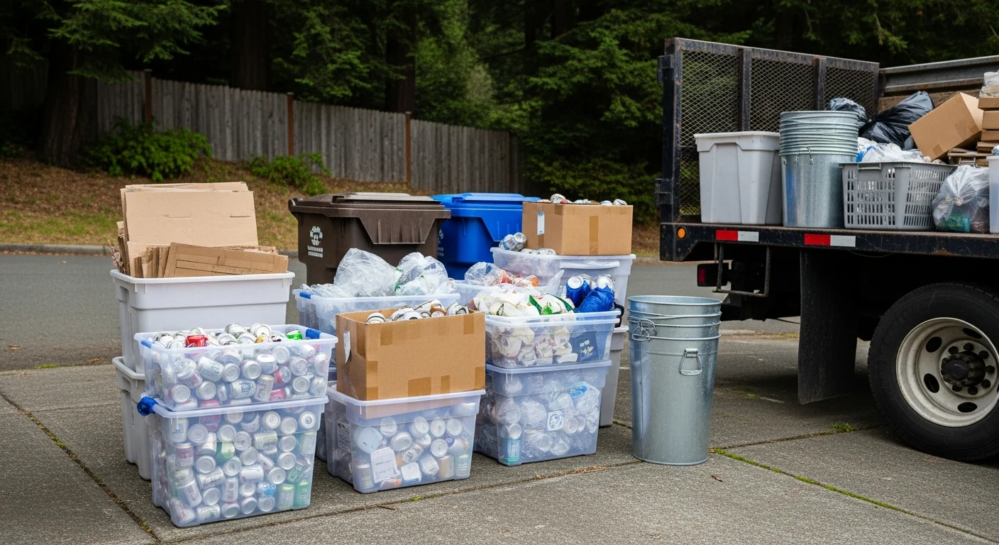 A True Tree Service crew member loading sorted recyclable materials into a truck at a residential property in Arcata, California. Cardboard and bulk recyclables are stacked curbside on a clear day in a Humboldt County neighborhood.