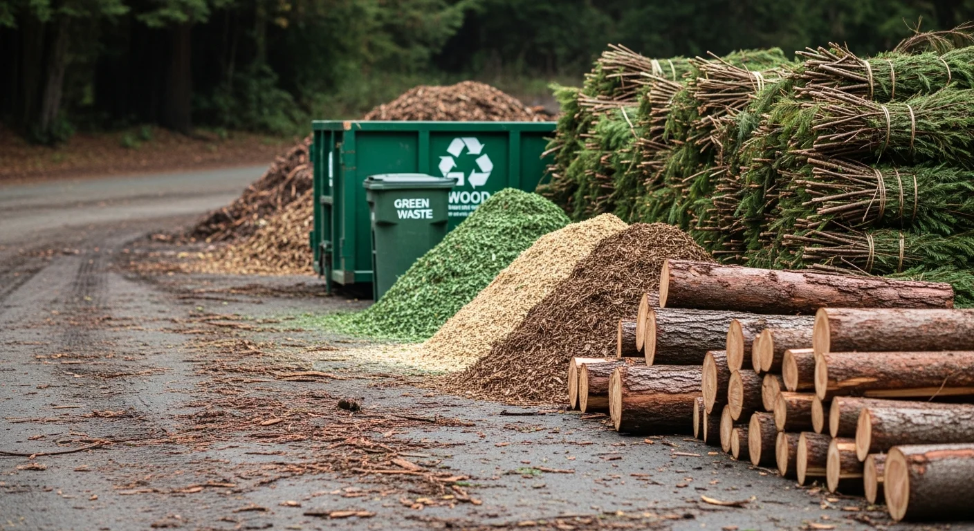 A pile of chipped wood mulch and sorted green tree branches on an Arcata residential property after a tree removal job. A True Tree Service crew member loads debris into a truck for recycling drop-off in Humboldt County.