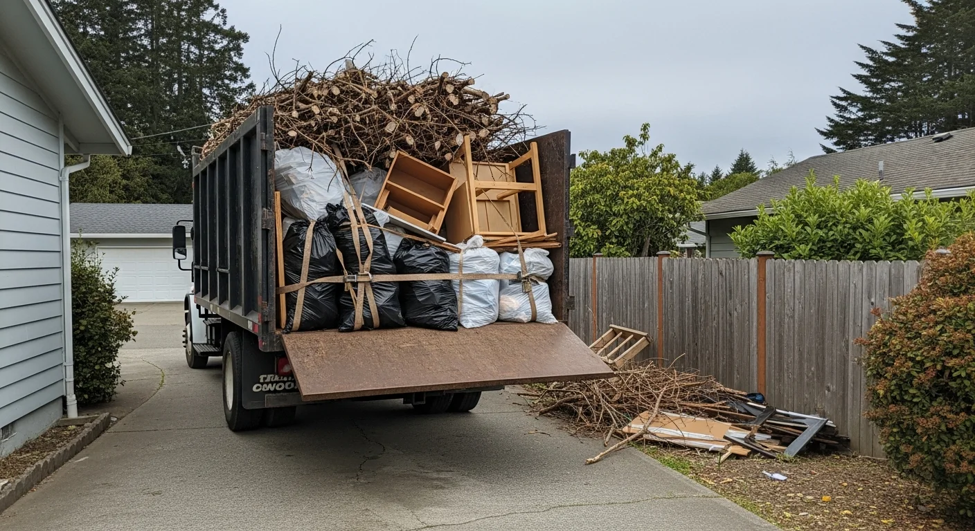 A cleared Arcata residential yard with a pile of branches, bulky household items, and yard debris staged near the driveway for removal by a waste hauling crew. A True Tree Service truck is parked curbside on a tree-lined Arcata street.