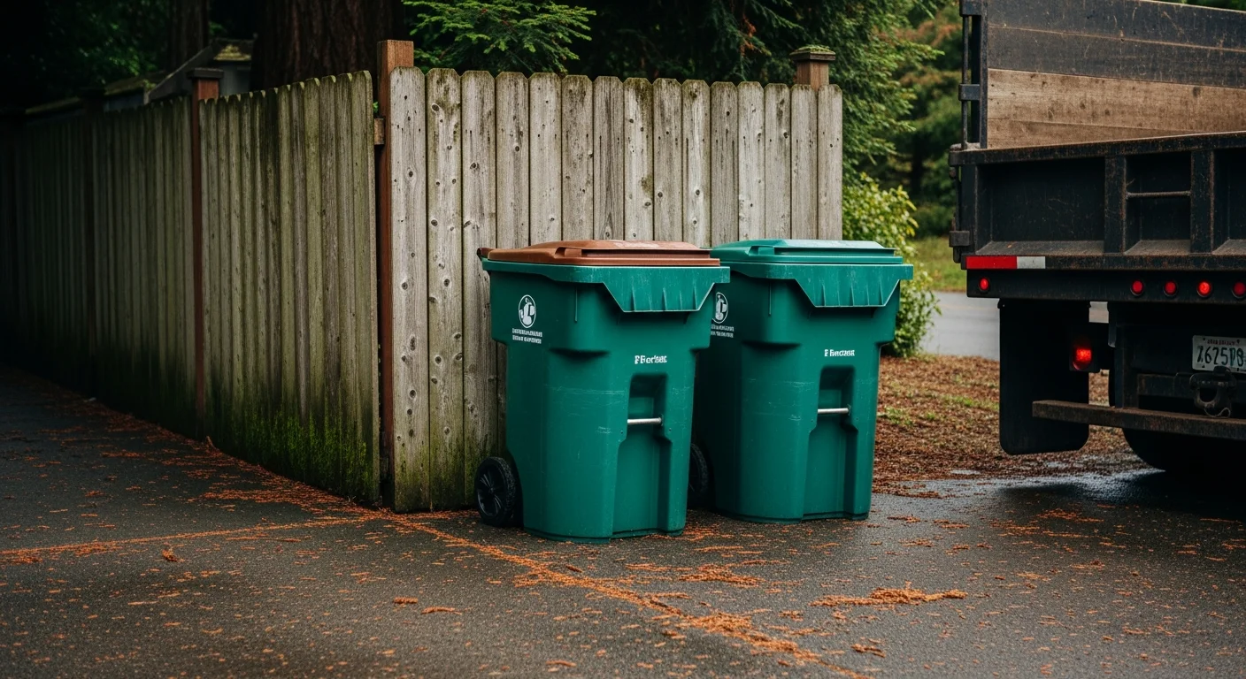 A clean residential curbside in Arcata, California with neatly placed waste totes ready for routine trash pickup. A True Tree Service vehicle is parked alongside a tree-lined street after completing a scheduled collection.