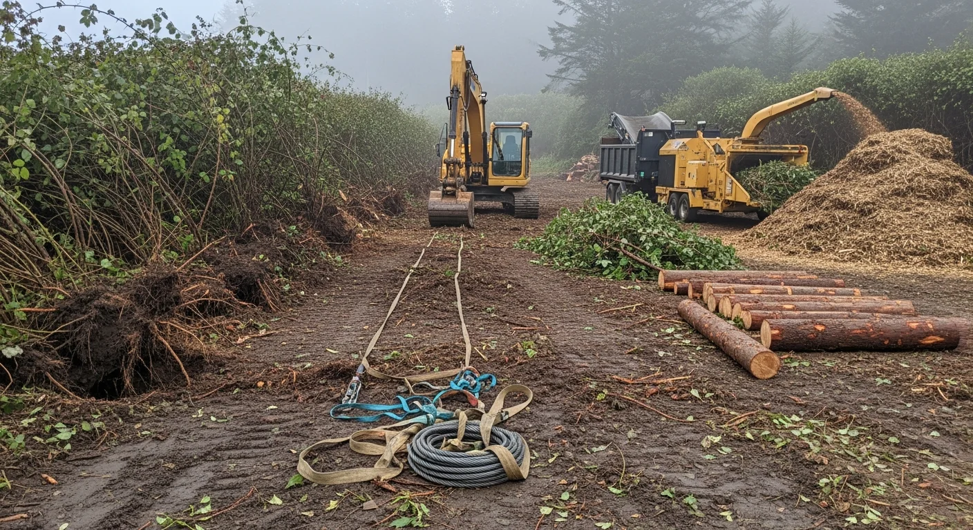 A cleared residential lot in Arcata, California with stumps removed and brush hauled away, showing bare soil ready for construction. Dense coastal vegetation and redwood trees are visible along the property edge in the background.