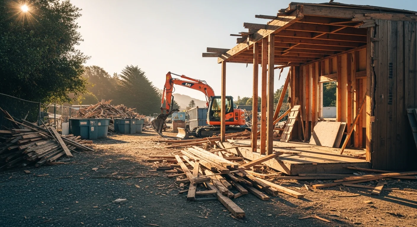 A wood-frame residential outbuilding being demolished on a cleared lot in Arcata, California, with debris sorted into piles for removal. A True Tree Service crew works on-site with equipment positioned on a gravel driveway.